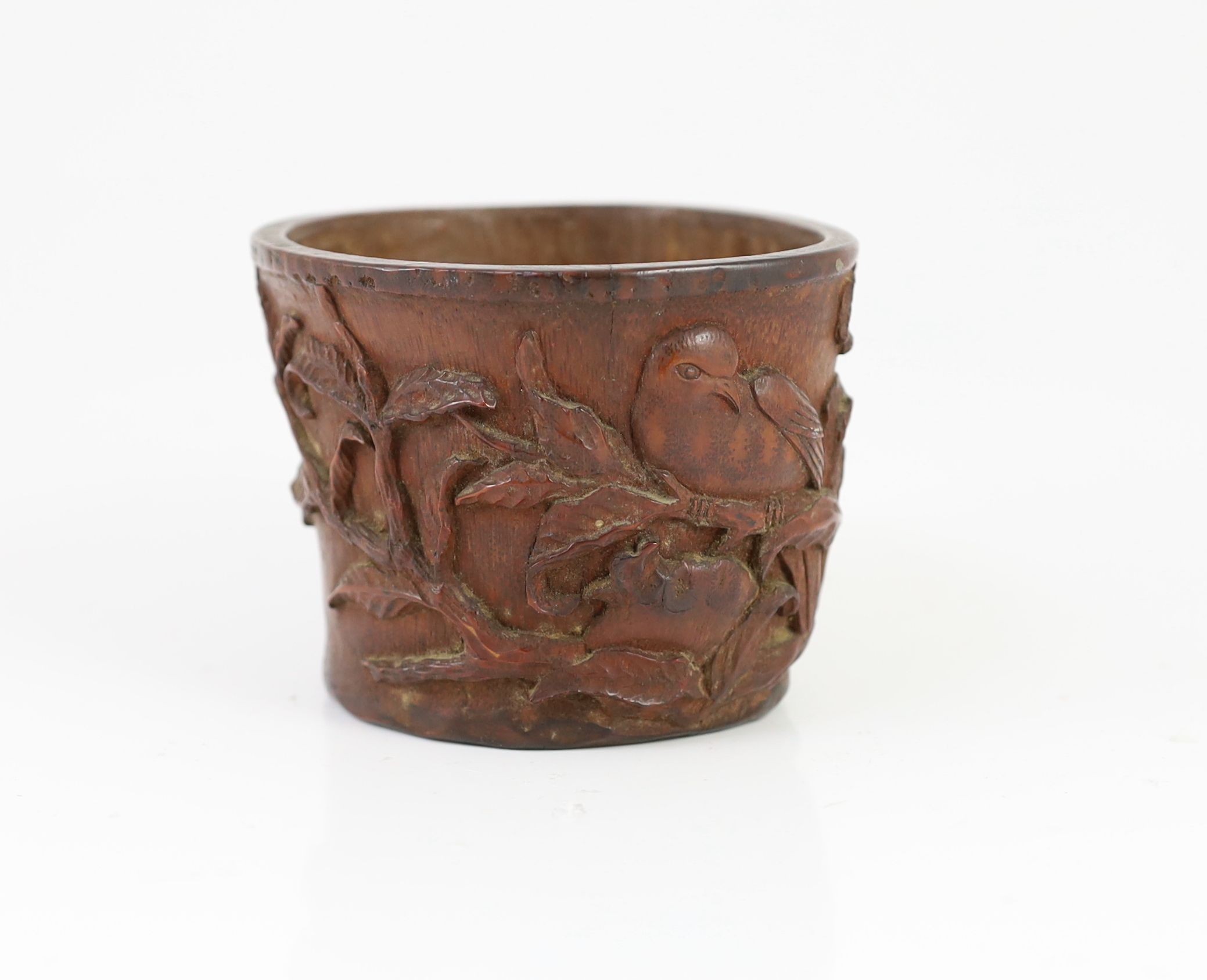 A Chinese bamboo libation cup, late Qing dynasty, 11 cm wide, 8 cm high